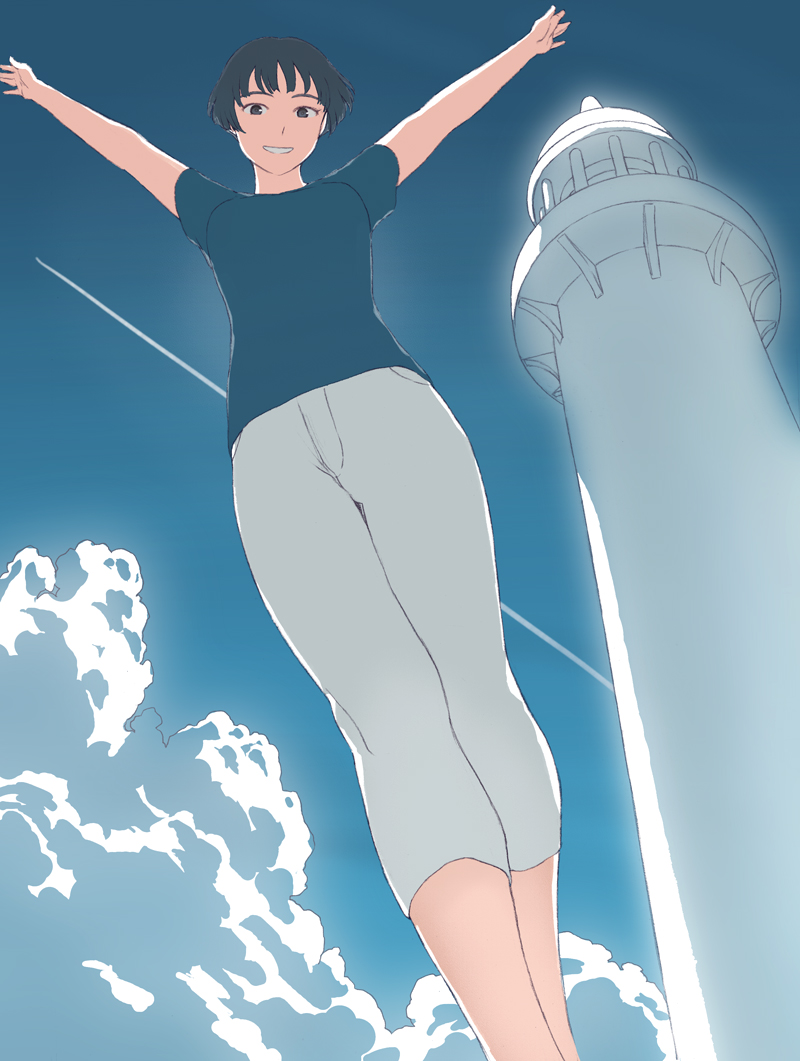1girl \o/ arms_up barefoot black_eyes black_hair capri_pants clouds denim foreshortening from_below gake_no_ue_no_ponyo grin jas jeans lighthouse looking_at_viewer looking_down outstretched_arms pants perspective risa_(ponyo) shirt short_hair short_sleeves sky smile smoke_trail solo standing