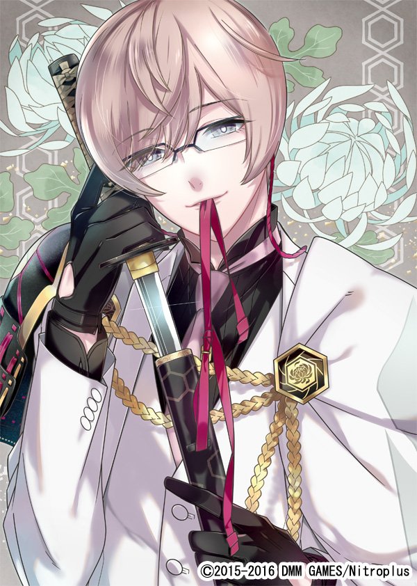 1boy black_gloves blonde_hair blue_eyes glasses gloves homerun_ken katana kikkou_sadamune kikkoumon male_focus mouth_hold necktie official_art ribbon sheath smile solo sword touken_ranbu unsheathing weapon