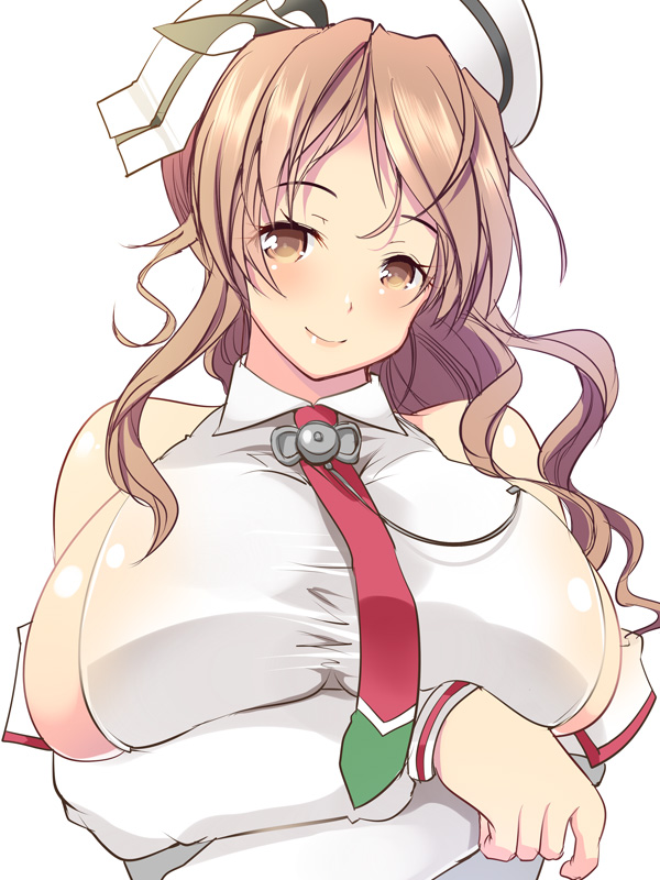 1girl bare_shoulders blush breast_hold breasts brown_eyes brown_hair closed_mouth commentary_request detached_sleeves hat huge_breasts kantai_collection littorio_(kantai_collection) long_hair long_sleeves looking_at_viewer maki_(seventh_heaven_maxion) necktie puffy_long_sleeves puffy_sleeves red_necktie shirt sideboob sleeveless sleeveless_shirt smile solo taut_clothes taut_shirt upper_body wavy_hair white_background