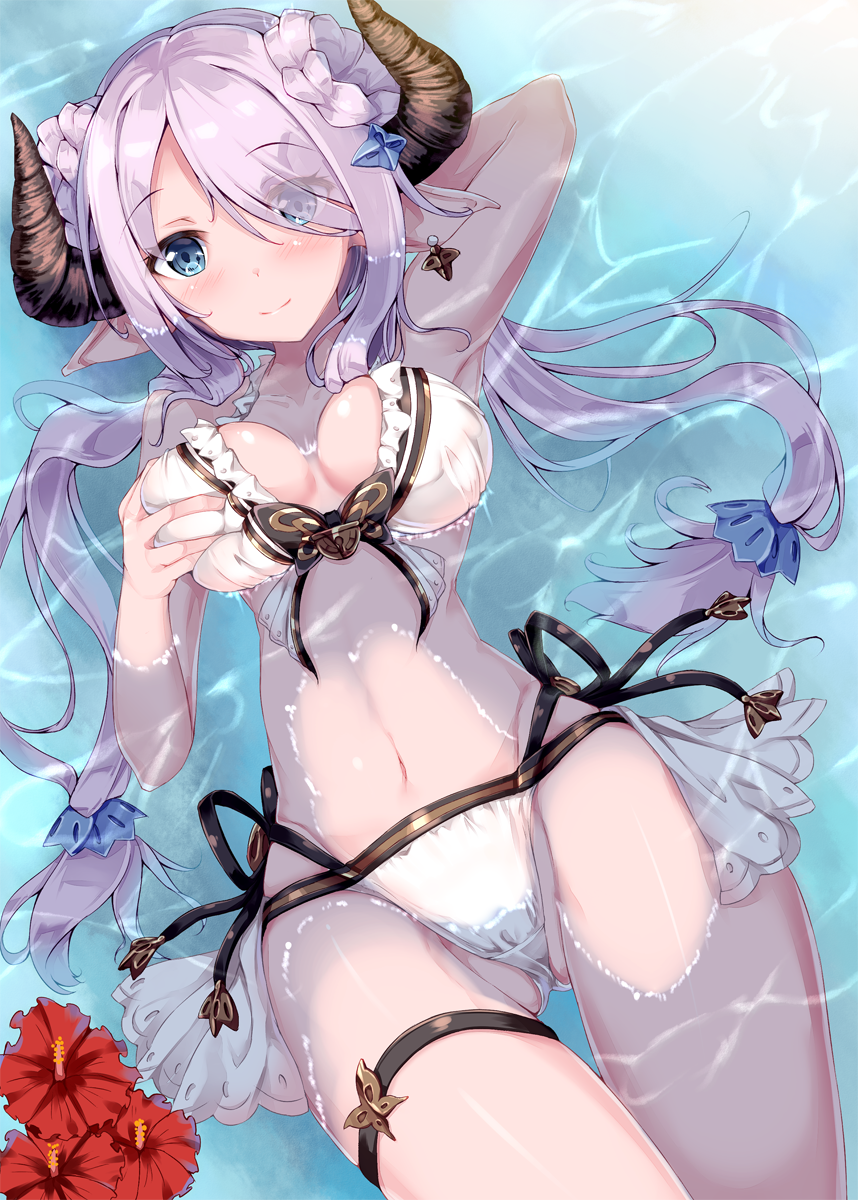 1girl arm_up armpits bikini blue_eyes blush braid breast_grab breasts cleavage collarbone commentary_request demon_horns doraf earrings eyes_visible_through_hair frilled_bikini frills front-tie_top fukuda_shuushi grabbing granblue_fantasy hair_ornament hair_over_one_eye highres horns jewelry lavender_hair long_hair looking_at_viewer low_tied_hair lying lying_on_water narumeia_(granblue_fantasy) navel on_back partially_submerged pointy_ears side-tie_bikini smile solo swimsuit thigh_strap water white_bikini white_swimsuit