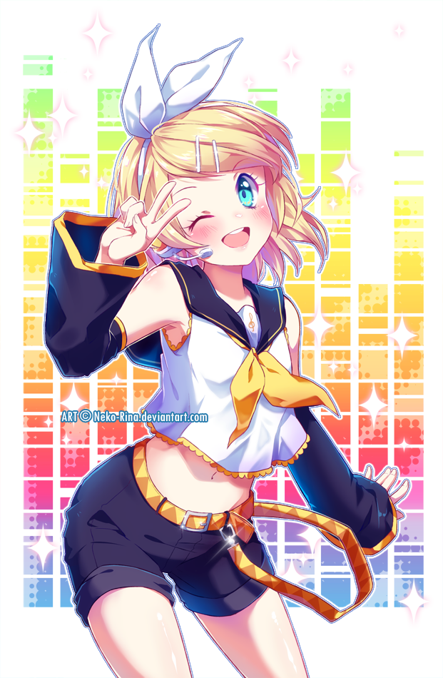 1girl ;d arm_at_side armpits bangs bare_shoulders belt belt_buckle black_shorts blonde_hair blue_eyes blush buckle contrapposto cowboy_shot detached_sleeves glint hair_ornament hair_ribbon hairband hairclip head_tilt kagamine_rin long_sleeves multicolored_background musical_note musical_note_print navel neckerchief neko-rina one_eye_closed open_mouth ribbon short_hair shorts smile solo sparkle stomach swept_bangs tareme throat_microphone treble_clef vocaloid white_ribbon