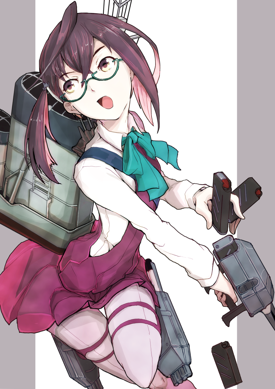 1girl ahoge boushi-ya glasses highres kantai_collection machinery magazine_(weapon) okinami_(kantai_collection) one_side_up open_mouth pantyhose pleated_skirt school_uniform simple_background skirt solo turret