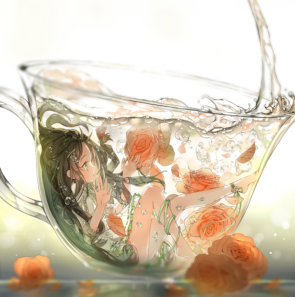 1girl air_bubble aqua_eyes bare_legs barefoot black_hair blush bubble commentary_request cup dress floating_hair flower hair_ornament in_container long_hair loobely original solo submerged teacup underwater water white_dress x_hair_ornament