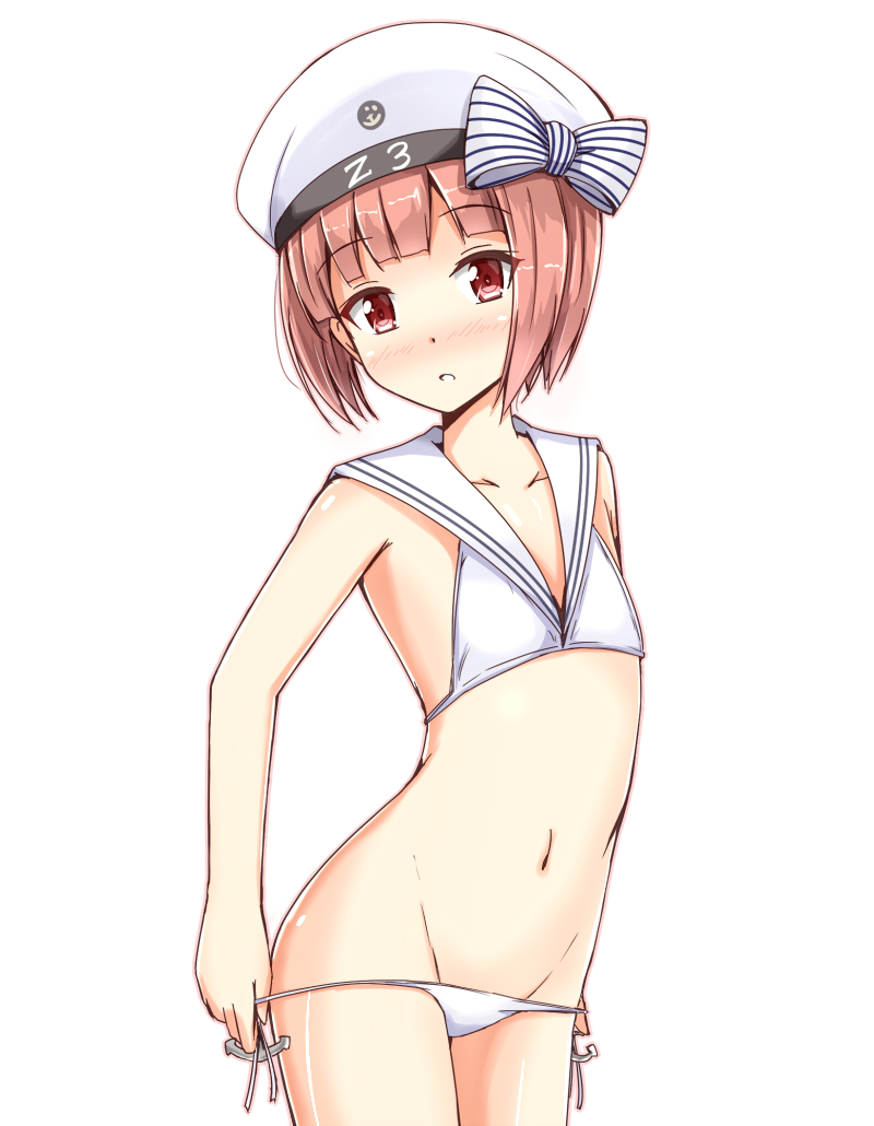 1girl :o aikawa_ryou anchor_symbol bangs bare_arms bare_shoulders beret bikini bikini_pull blunt_bangs blush bow character_name clothes_writing collarbone cowboy_shot eyebrows eyebrows_visible_through_hair flat_chest groin hat hat_bow hat_ornament head_tilt kantai_collection looking_at_viewer navel parted_lips pulled_by_self red_eyes redhead sailor_bikini sailor_collar short_hair simple_background solo stomach striped striped_bow swimsuit white_background white_bikini white_hat z3_max_schultz_(kantai_collection)