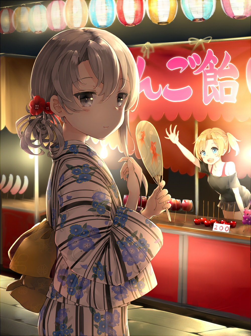 2girls alternate_costume arm_up asymmetrical_hair backlighting bangs blonde_hair blue_eyes blush candy_apple casual eyebrows eyebrows_visible_through_hair fan festival flipped_hair floral_print flower food_stand grey_eyes hair_flower hair_ornament highres holding_fan japanese_clothes kantai_collection kimono kinchaku lantern leaning_forward looking_at_viewer looking_to_the_side maikaze_(kantai_collection) multiple_girls nowaki_(kantai_collection) obi off_shoulder open_mouth paper_fan paper_lantern parted_bangs pleated_skirt ponytail sash short_hair silver_hair skirt smile somalisu summer_festival uchiwa yukata