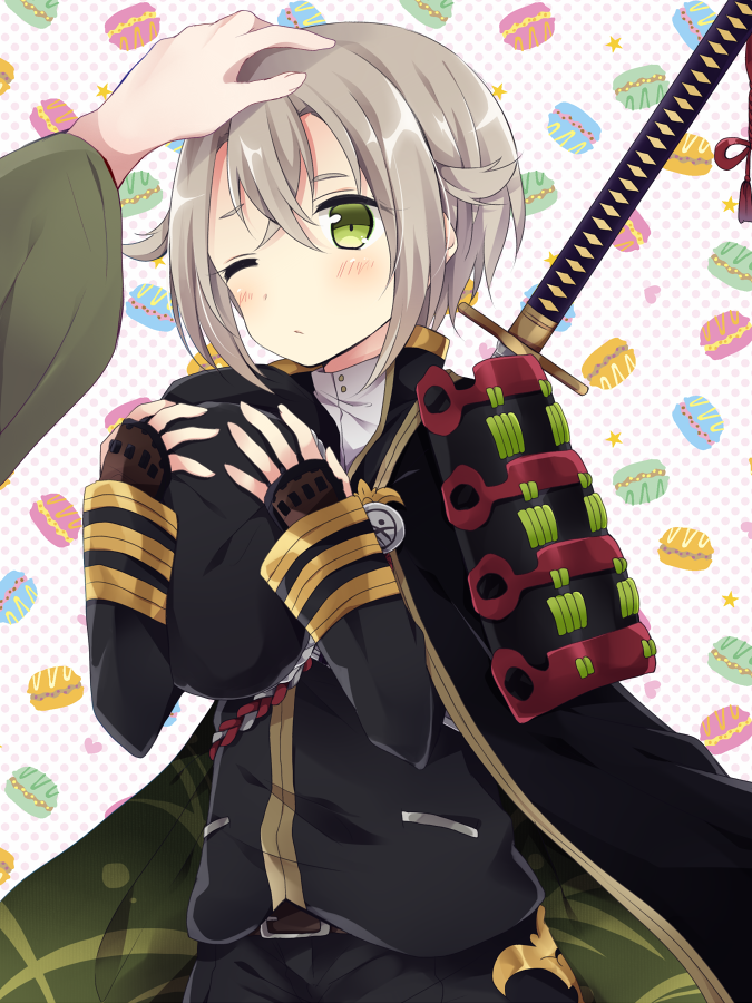 1boy armor blush cape green_eyes hand_on_another's_head hat hat_removed headwear_removed hotarumaru japanese_armor macaron male_focus md5_mismatch one_eye_closed ootachi out_of_frame polka_dot polka_dot_background silver_hair sode solo_focus sword touken_ranbu uguisu_mochi_(ykss35) weapon
