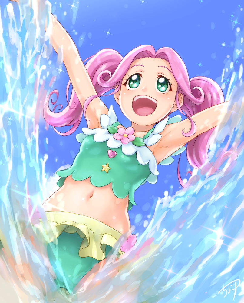 1girl chocokin commentary_request green_eyes ha-chan_(mahou_girls_precure!) hanami_kotoha mahou_girls_precure! pink precure solo splashing swimsuit