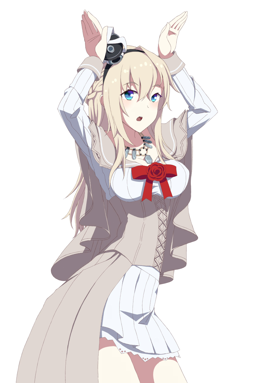 1girl arms_up blonde_hair blue_eyes braid breasts bunny_pose crown dress french_braid hairband highres kantai_collection large_breasts long_hair long_sleeves mini_crown solo toho-77 warspite_(kantai_collection) white_dress