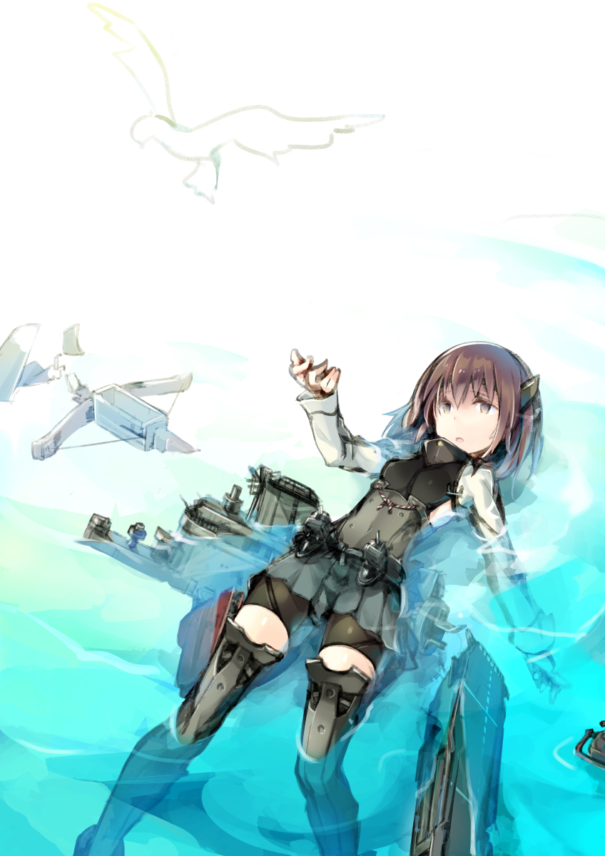1girl bike_shorts bird boots bow_(weapon) broken broken_weapon brown_eyes brown_hair cropped_jacket crossbow flight_deck fo_line headgear high_collar highres kantai_collection looking_at_another lying machinery on_back open_mouth partially_submerged remodel_(kantai_collection) side_cutout skirt solo taihou_(kantai_collection) thigh-highs thigh_boots water weapon