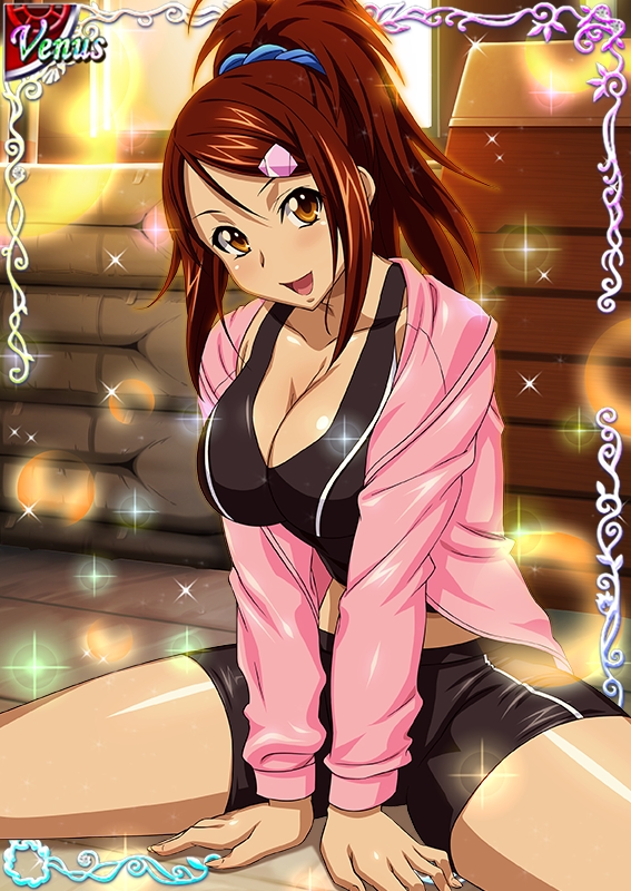 1girl bachou_mouki black_shirt black_shorts breasts brown_eyes brown_hair card_(medium) cleavage collarbone hair_ornament high_ponytail ikkitousen indoors large_breasts long_hair looking_at_viewer open_mouth pink_sweater shirt shorts solo sweater