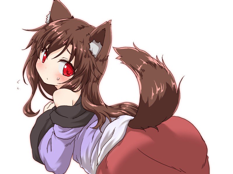 1girl animal_ears bare_shoulders blouse blush flying_sweatdrops from_behind imaizumi_kagerou long_hair looking_at_viewer looking_back natsu_no_koucha off_shoulder red_eyes red_skirt skirt solo sweat tail touhou wolf_ears wolf_tail