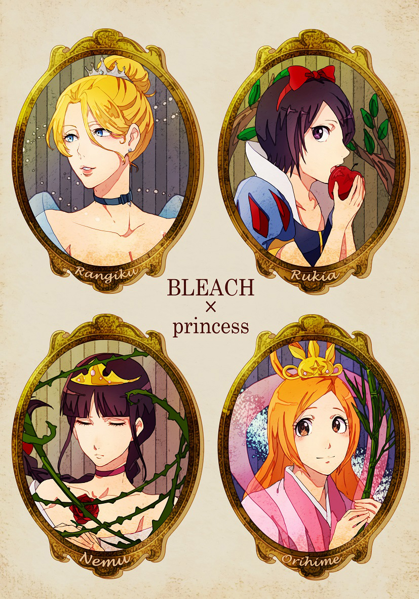 4girls apple bamboo bleach blonde_hair blue_eyes bow brown_eyes character_name choker cinderella_(cosplay) closed_eyes copyright_name cosplay disney eating flower food fruit hair_bow hair_up inoue_orihime kuchiki_rukia kurotsuchi_nemu long_hair matsumoto_rangiku multiple_girls namesake orange_hair orihime_(cosplay) picture_frame purple_hair ronisuke rose short_hair sleeping_beauty_(cosplay) snow_white_(cosplay) thorns tiara violet_eyes