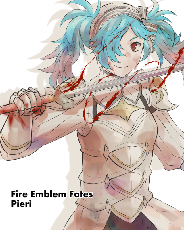 1girl armor blood blue_hair bow character_name copyright_name fire_emblem fire_emblem_if gauntlets gloves hair_over_one_eye hairband long_hair multicolored_hair pieri_(fire_emblem_if) pink_hair redhead simple_background solo sword tico twintails two-tone_hair upper_body weapon white_background