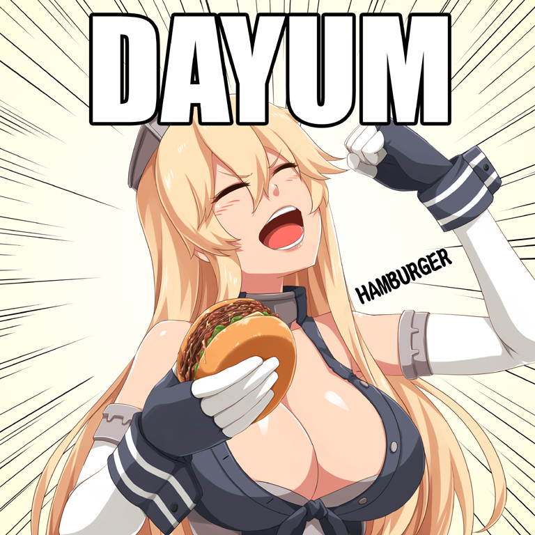 1girl blonde_hair breasts cleavage closed_eyes darkmaya elbow_gloves english fingerless_gloves food front-tie_top gloves hair_between_eyes hamburger headgear iowa_(kantai_collection) kantai_collection large_breasts long_hair meme parody solo star youtube