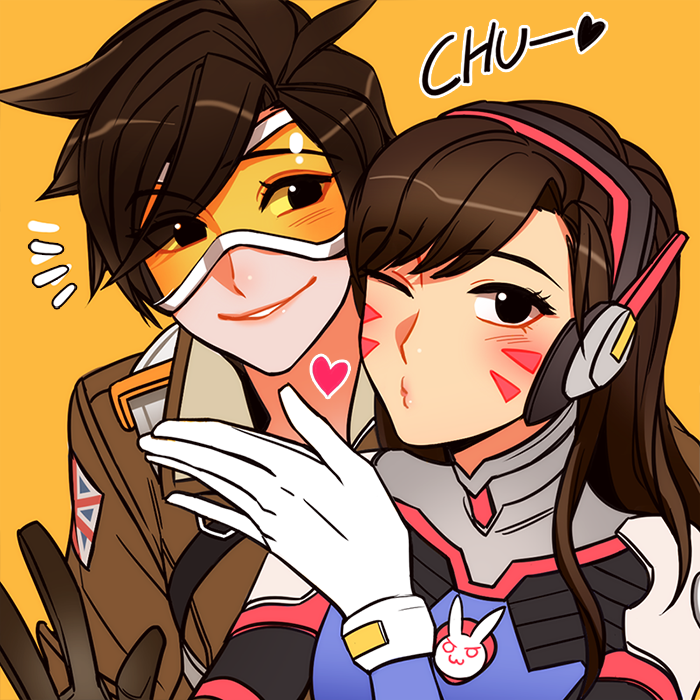 2girls bangs blush bodysuit bomber_jacket bracer breasts brown_eyes brown_gloves brown_hair brown_jacket bunny_print d.va_(overwatch) eyebrows facepaint facial_mark gloves goggles hand_up headphones heart hooreng jacket leather leather_jacket long_hair looking_at_viewer multiple_girls one_eye_closed overwatch pilot_suit ribbed_bodysuit short_hair simple_background smile spiky_hair spoken_heart tracer_(overwatch) turtleneck union_jack w whisker_markings white_gloves yellow_background