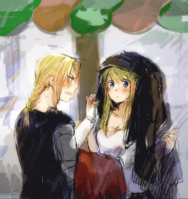 1boy 1girl annoyed automail bangs black_shirt blonde_hair blue_eyes blurry blurry_background blush borrowed_garments braid coat coat_over_head coat_removed commentary edward_elric eyebrows_visible_through_hair frown fullmetal_alchemist jacket jacket_removed long_hair looking_at_another open_mouth rain shirt sleeveless sweatdrop tsukuda0310 white_shirt winry_rockbell yellow_eyes