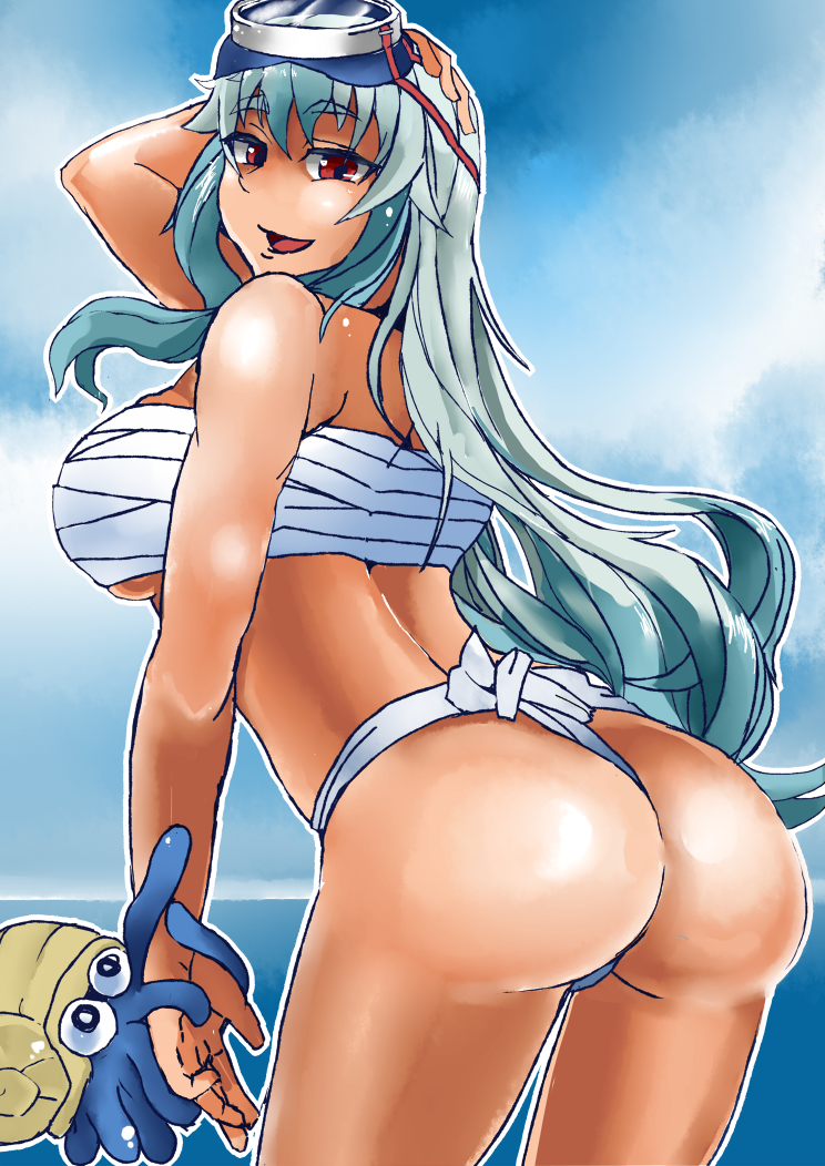 1girl ass back bangs blue_hair blue_sky breasts budget_sarashi clouds colored_eyelashes cowboy_shot day eyebrows eyebrows_visible_through_hair from_behind fundoshi heiseikorotaisei horizon japanese_clothes kamishirasawa_keine large_breasts long_hair looking_at_viewer looking_back multicolored_hair ocean omanyte open_mouth pokemon pokemon_(creature) red_eyes sarashi sidelocks skindentation sky smile solo thick_eyebrows thighs touhou two-tone_hair underwear underwear_only very_long_hair water