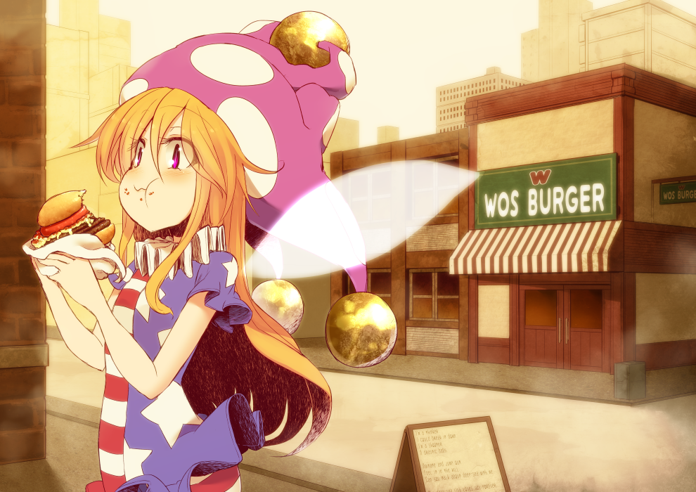 1girl :t american_flag_legwear american_flag_shirt bangs blonde_hair blush brand_name_imitation building clownpiece collar commentary eating fairy_wings food food_on_face hamburger hat holding holding_food jester_cap kuresento long_hair neck_ruff outdoors pantyhose pink_eyes polka_dot red_eyes road short_sleeves sign skyscraper solo star street striped touhou wings