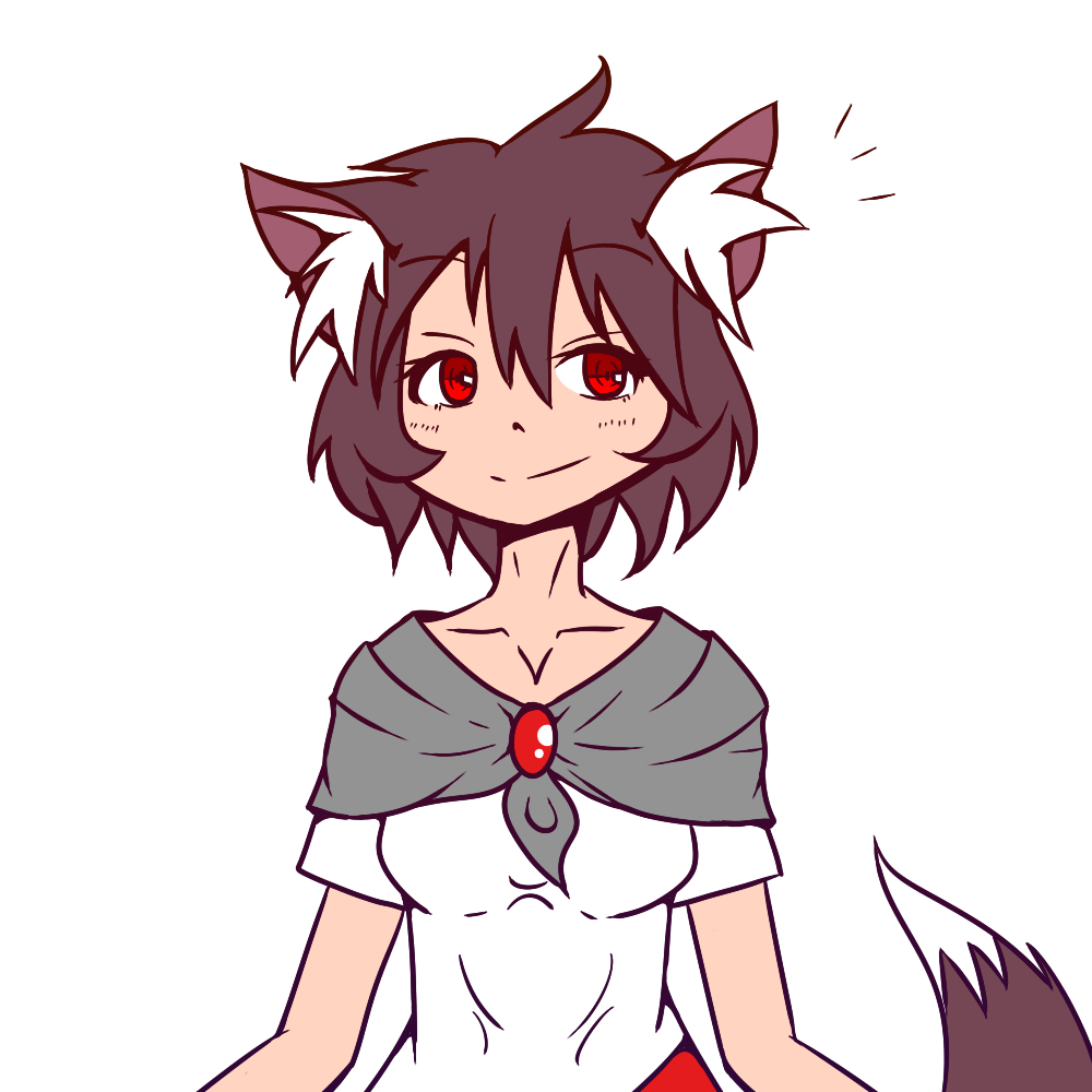 1girl alternate_hair_length alternate_hairstyle animal_ears breasts brooch brown_hair collarbone dress imaizumi_kagerou jewelry morimon_(morimontoho) red_eyes short_hair simple_background smile solo tail touhou white_background wolf_ears wolf_tail