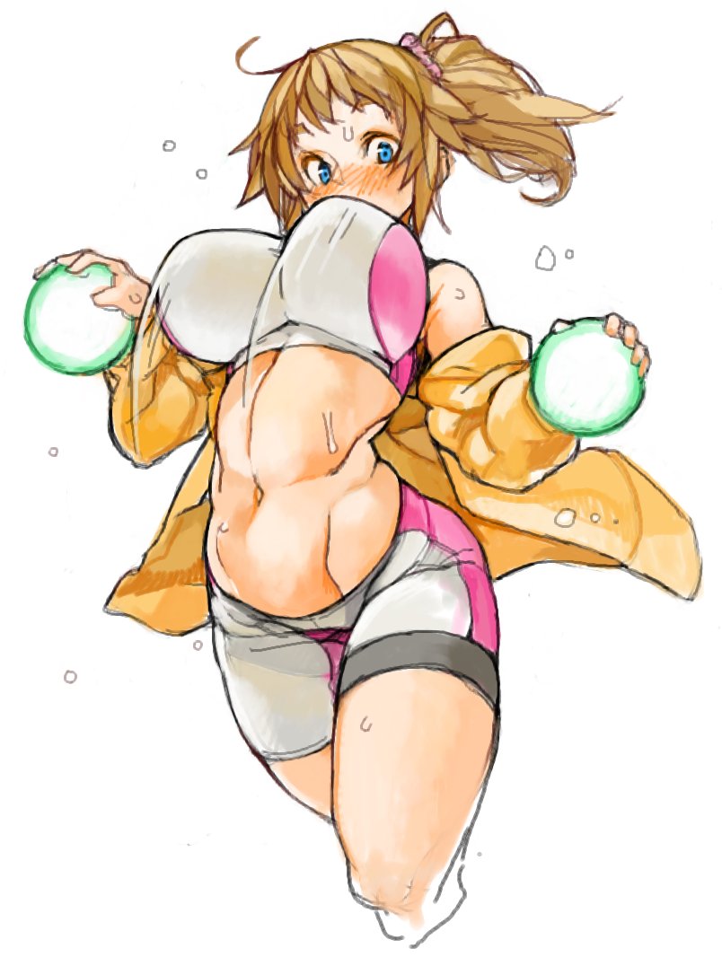 1girl blush breasts brown_hair gundam gundam_build_fighters gundam_build_fighters_try hoshino_fumina large_breasts looking_at_viewer midriff navel ponytail sachito solo sweat