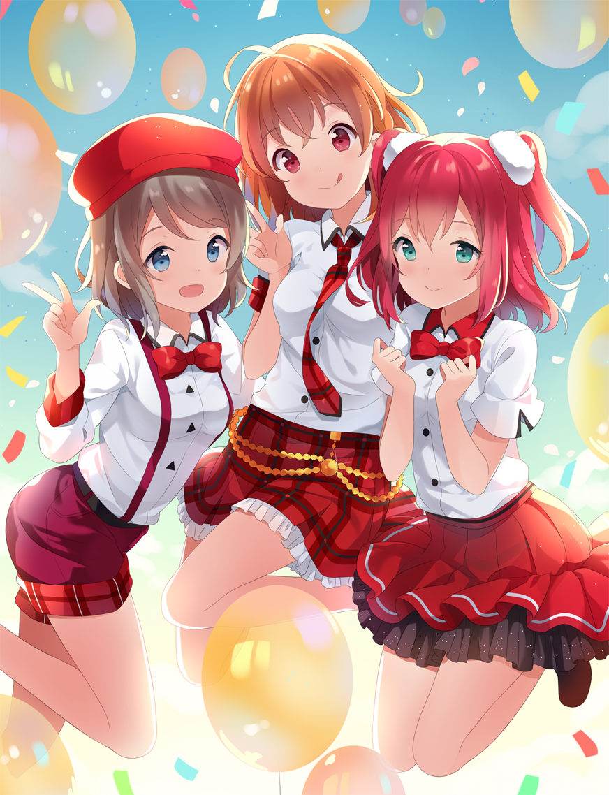 3girls :d :q ahoge aqua_eyes balloon bangs beret blue_eyes bow bowtie clenched_hands collared_shirt commentary confetti crossed_bangs cyaron_(love_live!) genki_zenkai_day!_day!_day! grey_hair hat hitsukuya jumping kurosawa_ruby looking_at_viewer love_live! love_live!_sunshine!! multiple_girls necktie open_mouth orange_hair plaid plaid_skirt red_bow red_bowtie red_eyes redhead shirt short_hair short_sleeves shorts skirt smile standing standing_on_one_leg suspender_shorts suspenders swept_bangs takami_chika tongue tongue_out two_side_up w watanabe_you