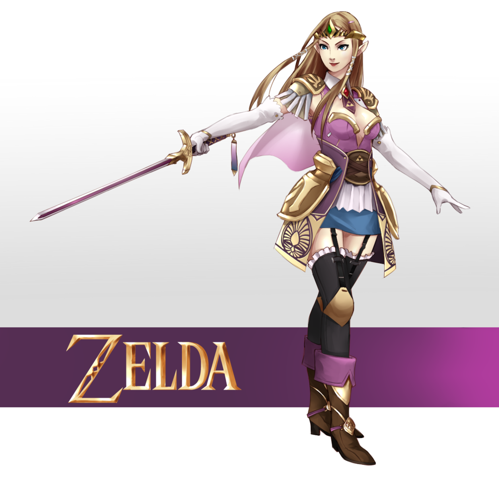 1girl adapted_costume armor armored_dress black_legwear boots breasts brown_hair bustier capelet character_name detached_collar elbow_gloves faulds forehead_jewel full_body garter_straps gloves knee_pads medium_breasts necktie nintendo pauldrons princess_zelda ricci_escutin solo standing sword the_legend_of_zelda the_legend_of_zelda:_twilight_princess thigh-highs tiara triforce weapon white_gloves zettai_ryouiki