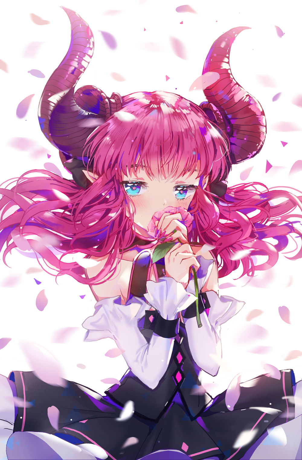 1girl asymmetrical_horns blue_eyes blush dangmill detached_sleeves fate/extra fate/extra_ccc fate/grand_order fate_(series) flower highres lancer_(fate/extra_ccc) long_hair md5_mismatch petals pink_hair pointy_ears solo star star-shaped_pupils symbol-shaped_pupils two_side_up