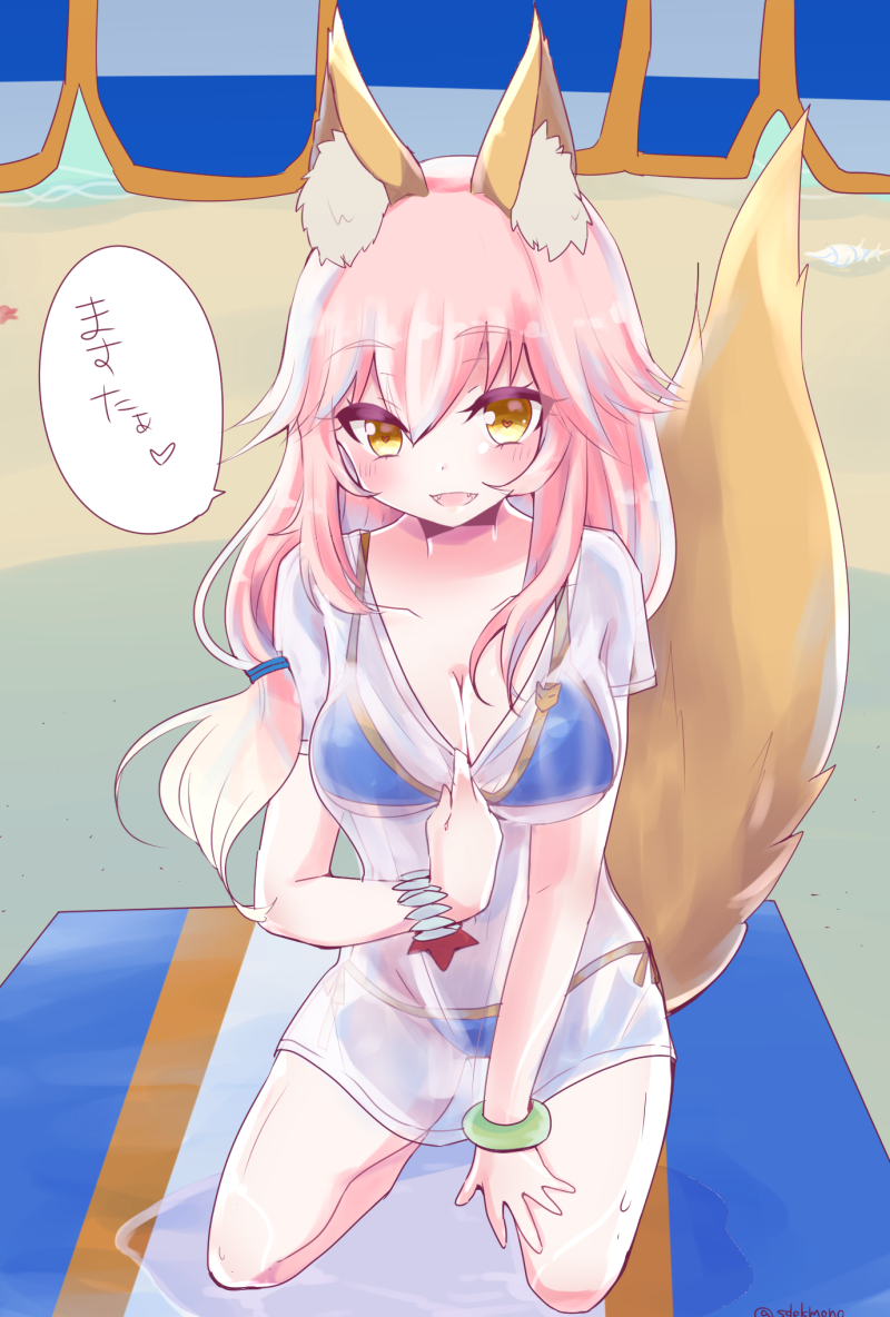 1girl animal_ears bikini blush breasts caster_(fate/extra) cleavage collarbone commentary_request covered_navel fangs fate/extra fate/grand_order fate_(series) fox_ears fox_tail groin heart heart-shaped_pupils large_breasts looking_at_viewer nature ocean open_mouth pink_hair see-through solo speech_bubble swimsuit symbol-shaped_pupils tail translated type-moon yellow_eyes