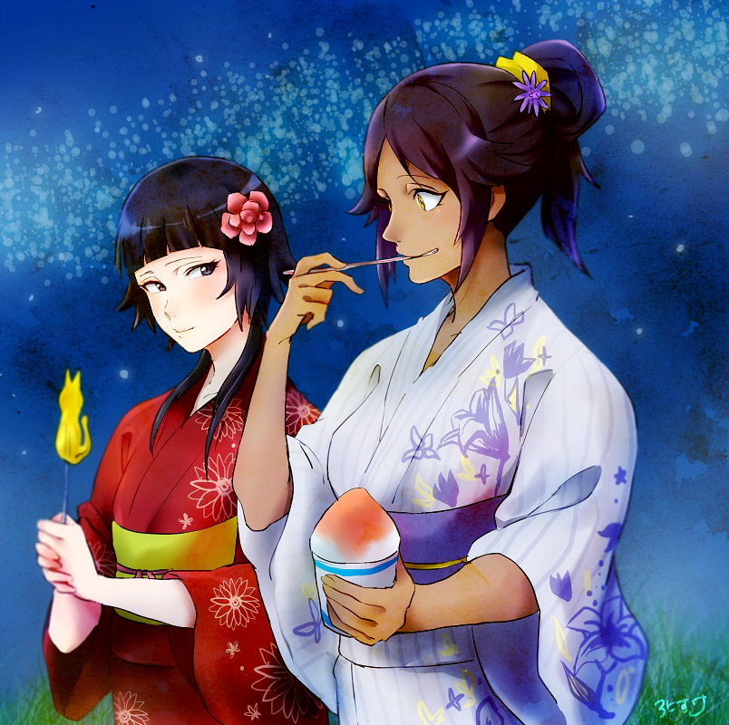 2girls black_hair bleach blush dark_skin eating grey_eyes hair_flower hair_ornament hair_up japanese_clothes kimono multiple_girls purple_hair ronisuke shaved_ice shihouin_yoruichi short_hair sui-feng yellow_eyes