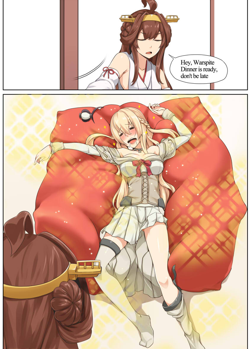 2girls =_= ahoge bare_shoulders bean_bag_chair blonde_hair blush braid breasts brown_hair closed_eyes comic corset couch crown darkmaya detached_sleeves double_bun dress drooling english french_braid garter_straps hairband headgear headwear_removed kantai_collection kongou_(kantai_collection) large_breasts long_hair lying mini_crown muji_body_fitting_sofa multiple_girls nontraditional_miko on_back skirt sleeping sparkle thigh-highs warspite_(kantai_collection) wavy_mouth
