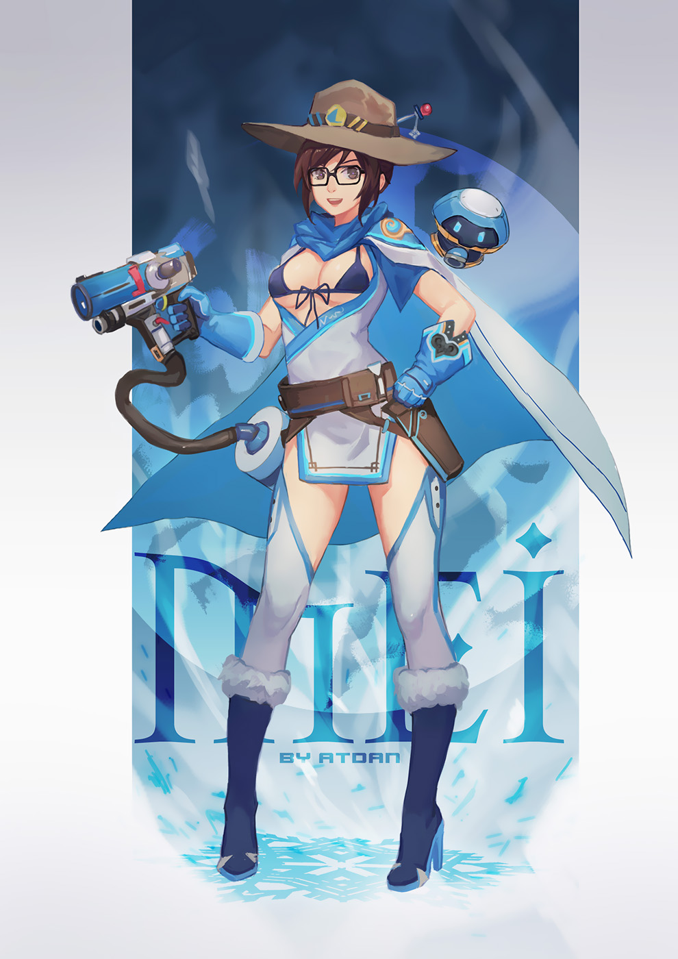 1girl adapted_costume artist_name atdan bangs beads belt belt_pouch bikini bikini_top black-framed_eyewear blue_bikini blue_boots blue_gloves blue_scarf boots breasts brown_eyes brown_hair canister cape character_name cleavage clenched_hand cowboy_hat dress drone energy_gun finger_on_trigger floating front-tie_top fur-lined_boots glasses gloves gun hair_ornament hair_stick hand_on_hip handgun hat high_heels highres holding holding_gun holding_weapon holster knee_boots large_breasts looking_at_viewer machinery mccree_(overwatch)_(cosplay) mei_(overwatch) open_mouth overwatch ray_gun robot scarf short_dress sidelocks snowflake_hair_ornament solo strap_gap swimsuit thigh-highs utility_belt weapon