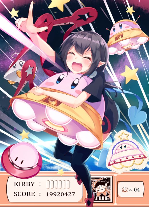 1girl :d ^_^ asymmetrical_wings black_dress black_hair black_legwear blush blush_stickers bow closed_eyes crossover dress health_bar houjuu_nue igakusei kirby kirby's_adventure kirby's_epic_yarn kirby:_planet_robobot kirby_(series) laser open_mouth pointing pointy_ears red_bow red_shoes shoes short_dress short_hair short_sleeves smile star thigh-highs touhou ufo ufo_(kirby) wings