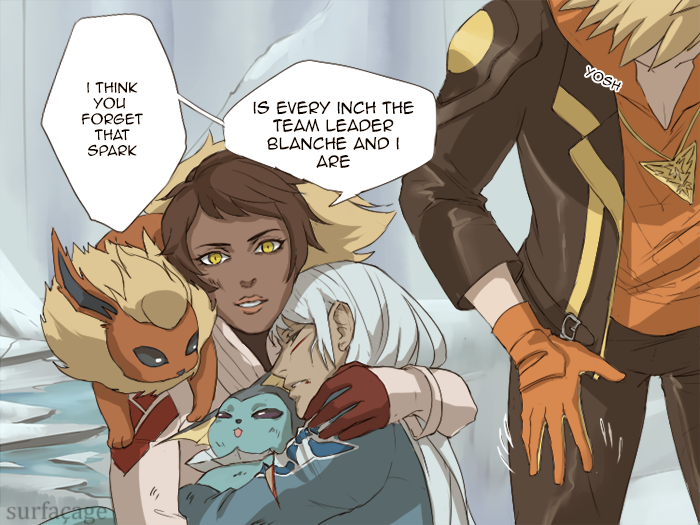 1boy 2girls androgynous blanche_(pokemon) blonde_hair candela_(pokemon) comic dark_skin english flareon injury multiple_girls numina pokemon pokemon_(creature) pokemon_go rubble silver_hair spark_(pokemon) vaporeon watermark yellow_eyes