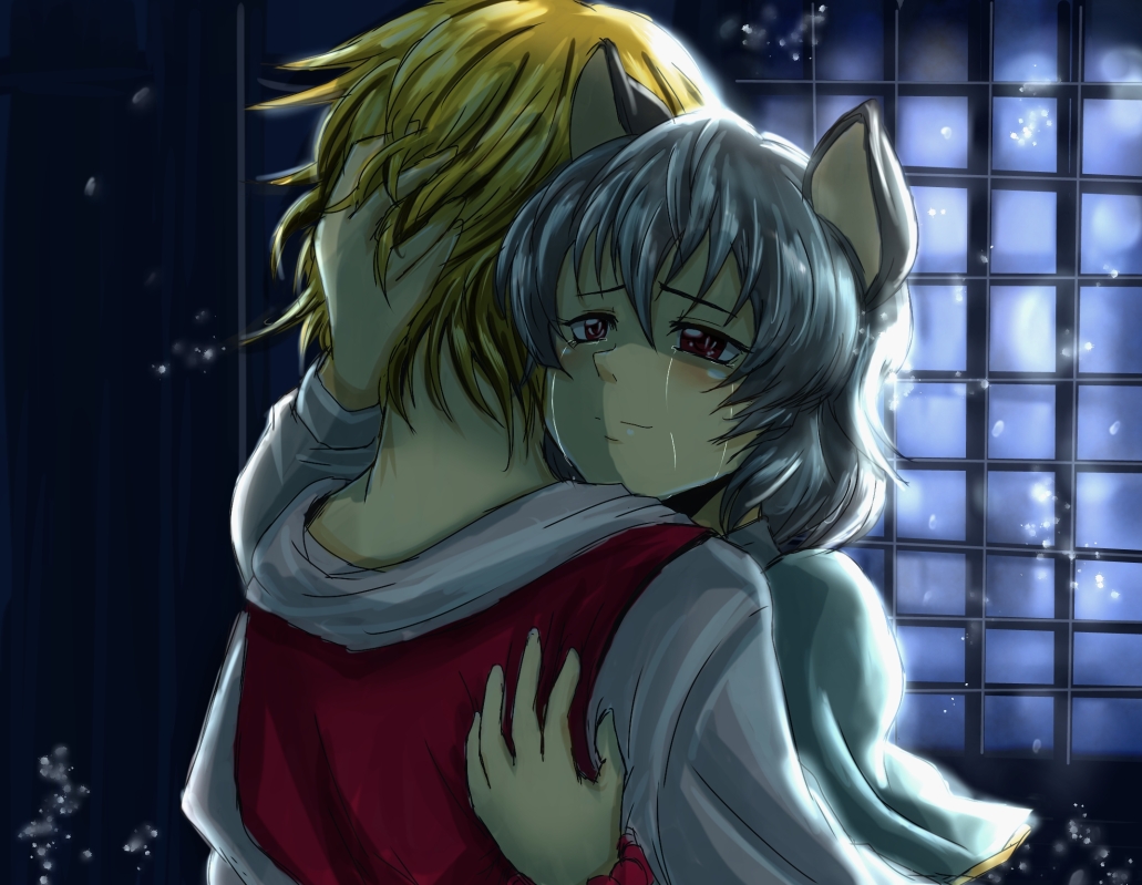 2girls animal_ears blonde_hair blush capelet closed_mouth commentary crying crying_with_eyes_open futagojima grey_hair happy_tears hug indoors light_smile long_sleeves mouse_ears multiple_girls nazrin short_hair tears toramaru_shou touhou upper_body yuri