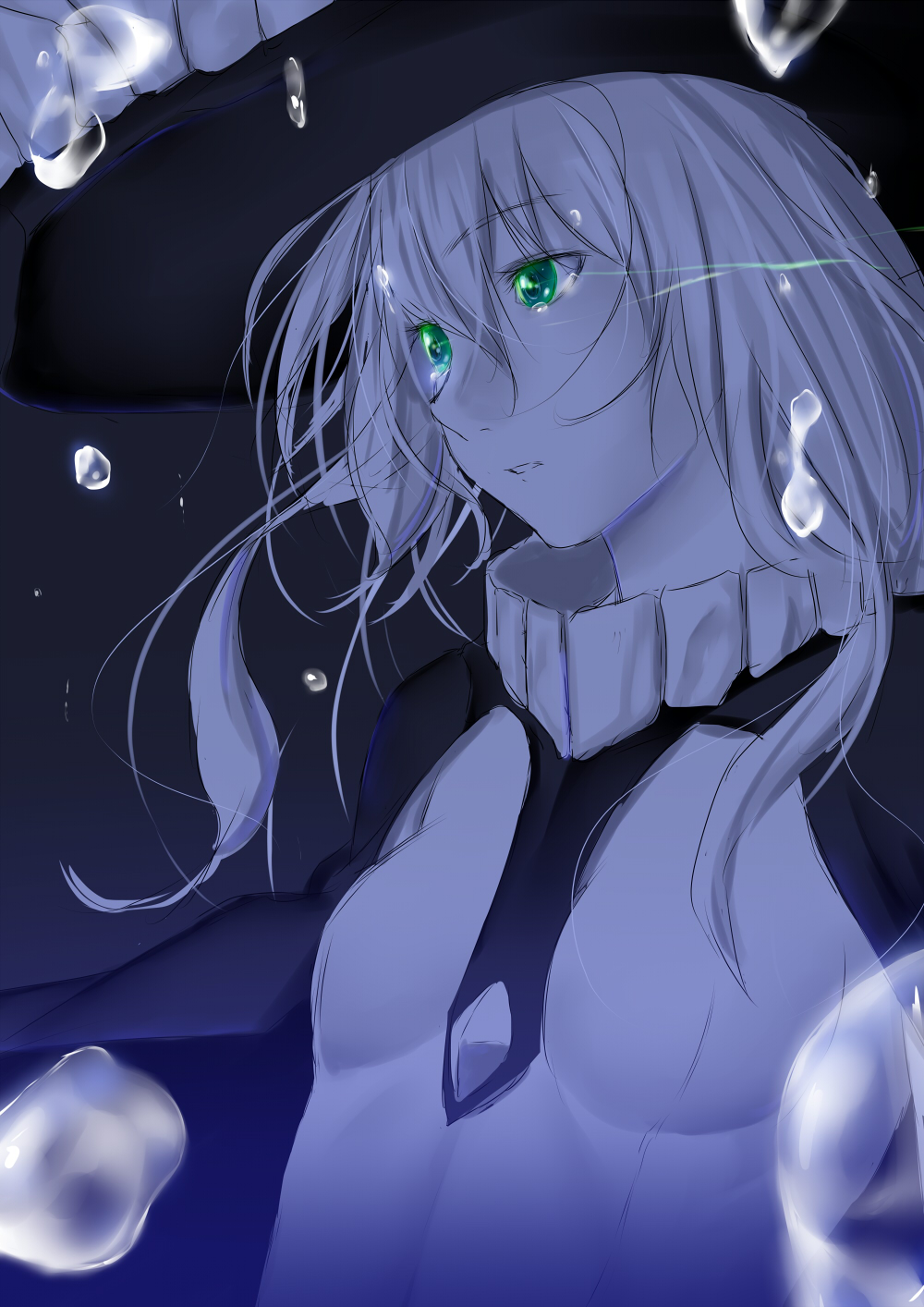 1girl air_bubble bangs bodysuit breasts cape commentary_request dark_background eyebrows eyebrows_visible_through_hair floating_hair green_eyes grey_hair hair_between_eyes hat highres kantai_collection long_hair niwatazumi open_mouth shinkaisei-kan sidelocks sketch small_breasts solo tears underwater upper_body wo-class_aircraft_carrier