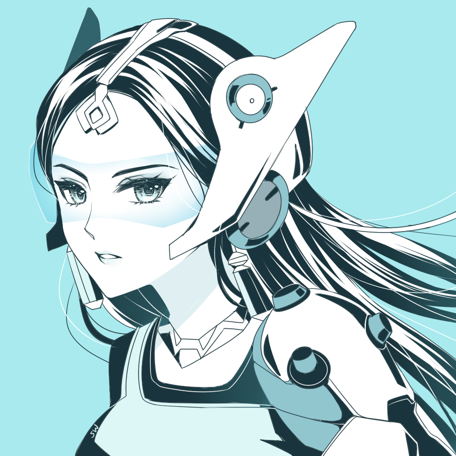 1girl artist_name atobesakunolove black_eyes black_hair blue_background breasts cyborg dress earrings eyelashes forehead_jewel headgear jewelry limited_palette lips long_hair looking_at_viewer mechanical_arm monochrome overwatch parted_lips shoulder_pads simple_background solo spot_color symmetra_(overwatch) upper_body visor
