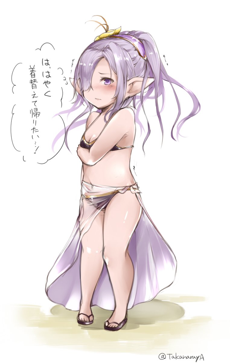 1girl bare_shoulders bikini black_bikini blush breasts cleavage commentary_request embarrassed flower granblue_fantasy hair_flower hair_ornament hair_over_one_eye hairband harbin highres knees_together_feet_apart long_hair naruya_taka nio_(granblue_fantasy) nose_blush pointy_ears sandals sarong see-through simple_background small_breasts solo standing swimsuit text translation_request trembling twitter_username white_background