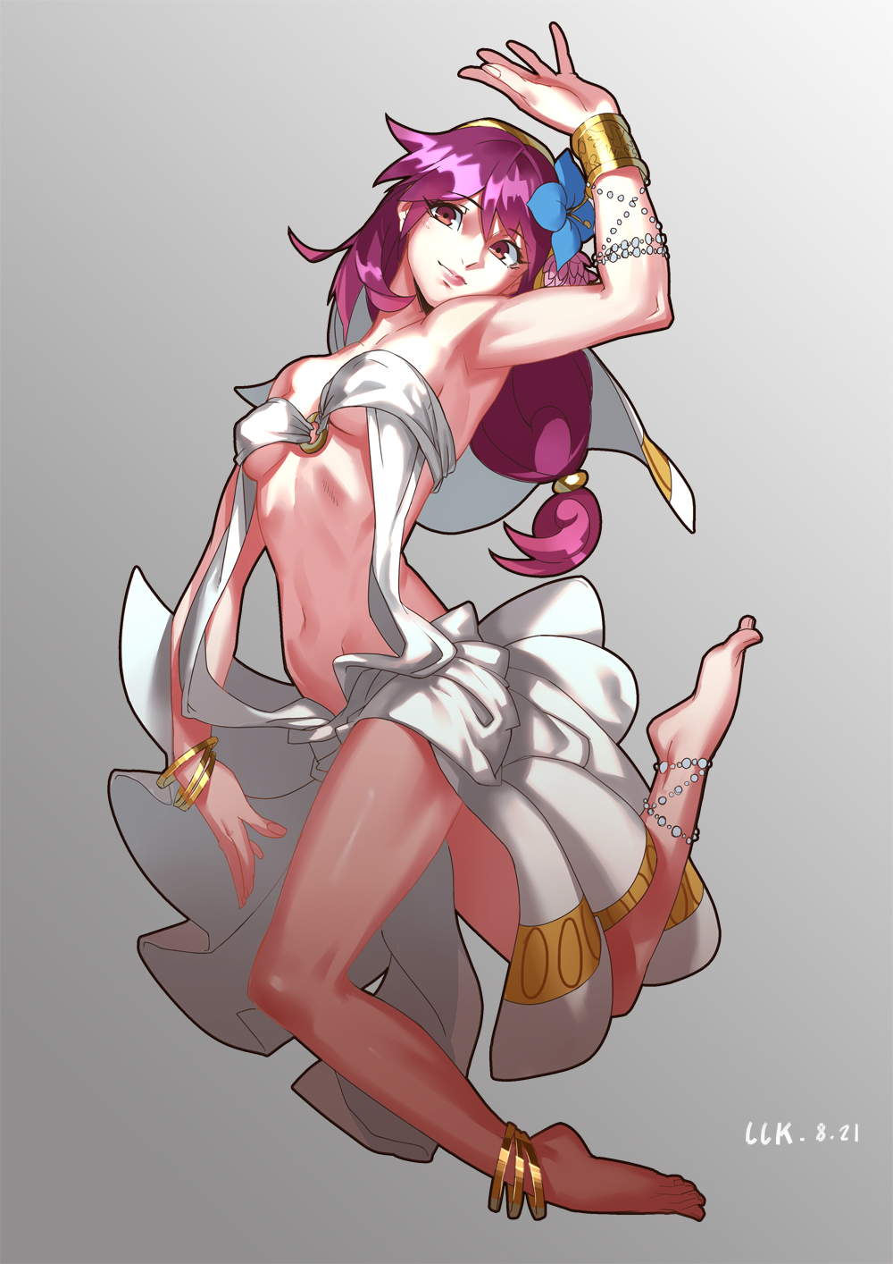 1girl anklet armpits barefoot bracelet breasts dancer dancing dated flower gradient gradient_background hair_flower hair_ornament headdress highres jewelry legs lips lolik long_hair magi_the_labyrinth_of_magic morgiana navel purple_hair signature smile solo under_boob violet_eyes