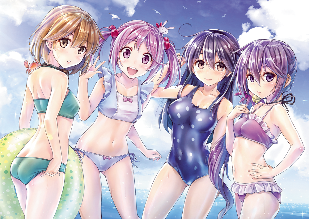 4girls adjusting_clothes adjusting_swimsuit ahoge akebono_(kantai_collection) alternate_costume animal animal_on_shoulder aqua_swimsuit arm_at_side ass ass_visible_through_thighs bell bikini blue_hair blue_swimsuit breasts brown_eyes clouds cloudy_sky collarbone covered_navel crab dutch_angle eyebrows eyebrows_visible_through_hair frills from_side hair_between_eyes hair_bobbles hair_ornament halter_top halterneck hand_on_hip innertube jingle_bell kantai_collection kotatsu_(kotatsu358) light_brown_eyes light_brown_hair light_smile lips long_hair looking_at_viewer medium_breasts midriff multiple_girls navel oboro_(kantai_collection) one-piece_swimsuit open_mouth outdoors outstretched_hand parted_lips pink_eyes pink_hair polka_dot polka_dot_innertube polka_dot_swimsuit purple_bikini purple_hair rabbit sazanami_(kantai_collection) short_hair short_twintails side-tie_bikini side_ponytail sky small_breasts swimsuit thighs twintails ushio_(kantai_collection) violet_eyes