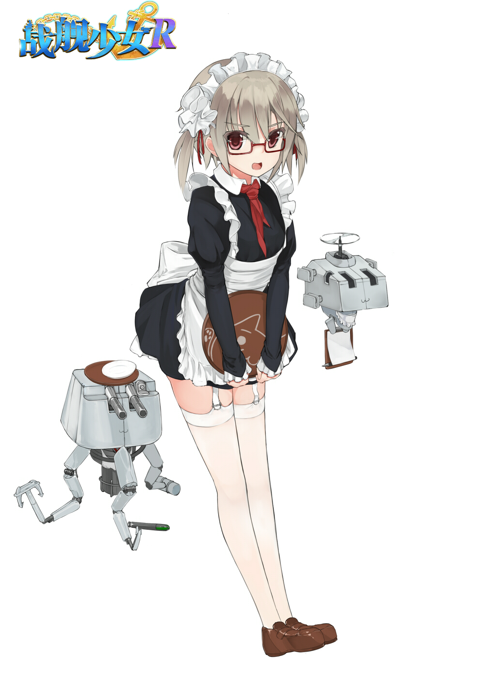 1girl apron bow clipboard copyright_name covering frills full_body garter_straps glasses grey_hair hair_ribbon hibiki_(zhan_jian_shao_nyu) highres looking_at_viewer maid_headdress necktie open_mouth plate red-framed_eyewear red_eyes red_ribbon ribbon semi-rimless_glasses short_hair short_twintails solo stmaster thigh-highs tray twintails under-rim_glasses v_arms verniy_(zhan_jian_shao_nyu) white_legwear zhan_jian_shao_nyu