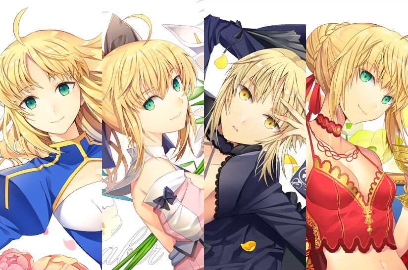 4girls ahoge artoria_pendragon_(all) blonde_hair blue_eyes breasts choker cleavage detached_sleeves ells fate/extra fate/grand_order fate/stay_night fate/unlimited_codes fate_(series) flower green_eyes juliet_sleeves long_sleeves looking_at_viewer midriff multiple_girls navel nero_claudius_(fate)_(all) puffy_sleeves saber saber_alter saber_extra saber_lily smile type-moon white_background