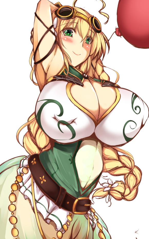1girl arm_up armpits balloon balloon_vine_(flower_knight_girl) blonde_hair blush braid breasts cleavage cleavage_cutout cowboy_shot flower_knight_girl goggles goggles_on_head green_eyes green_skirt heart heart-shaped_pupils huge_breasts long_hair looking_at_viewer see-through skirt smile solo symbol-shaped_pupils white_background yuuichi_(eunoxline)