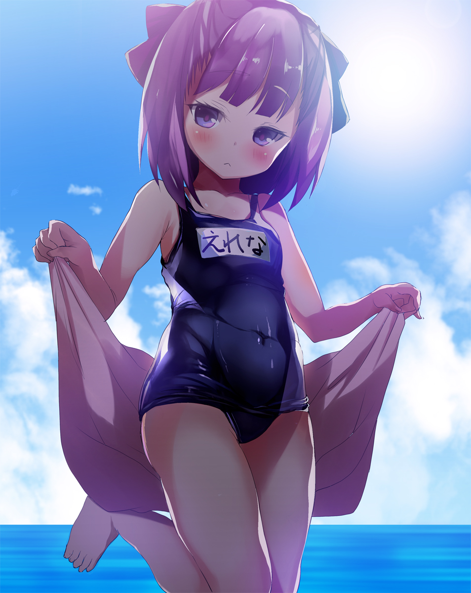 1girl barefoot blush bow clouds cloudy_sky covered_navel fate/grand_order fate_(series) hair_bow helena_blavatsky_(fate/grand_order) highres looking_at_viewer one-piece_swimsuit purple_hair school_swimsuit shimeji_nameko sky solo sun swimsuit towel violet_eyes
