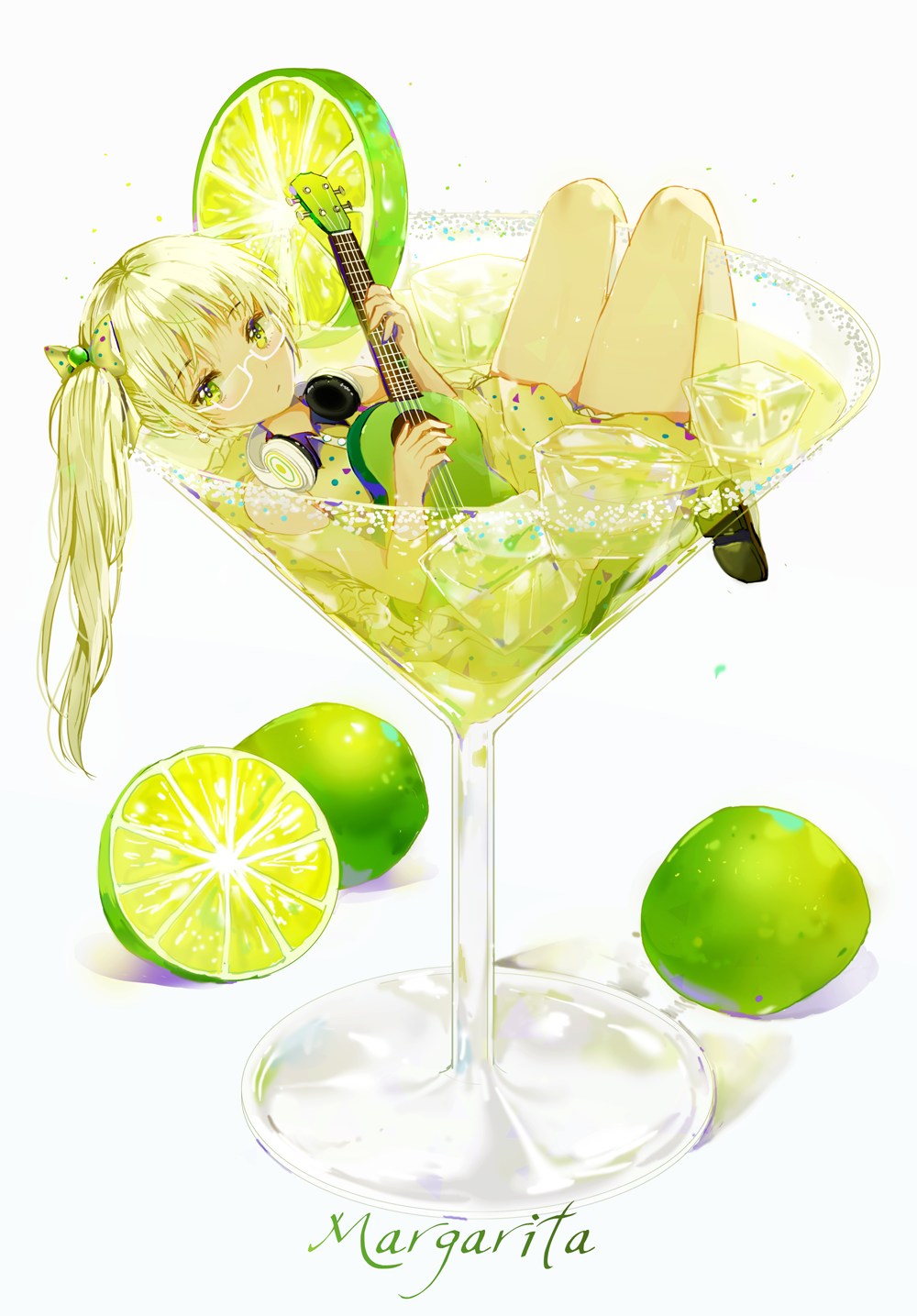 1girl alcohol bow cocktail cocktail_glass commentary_request cup dangmill dress drinking_glass glasses green green_dress green_eyes green_hair guitar hair_bow headphones headphones_around_neck highres ice ice_cube in_container instrument lime long_hair minigirl original partially_submerged personification semi-rimless_glasses side_ponytail solo twintails under-rim_glasses white-framed_eyewear