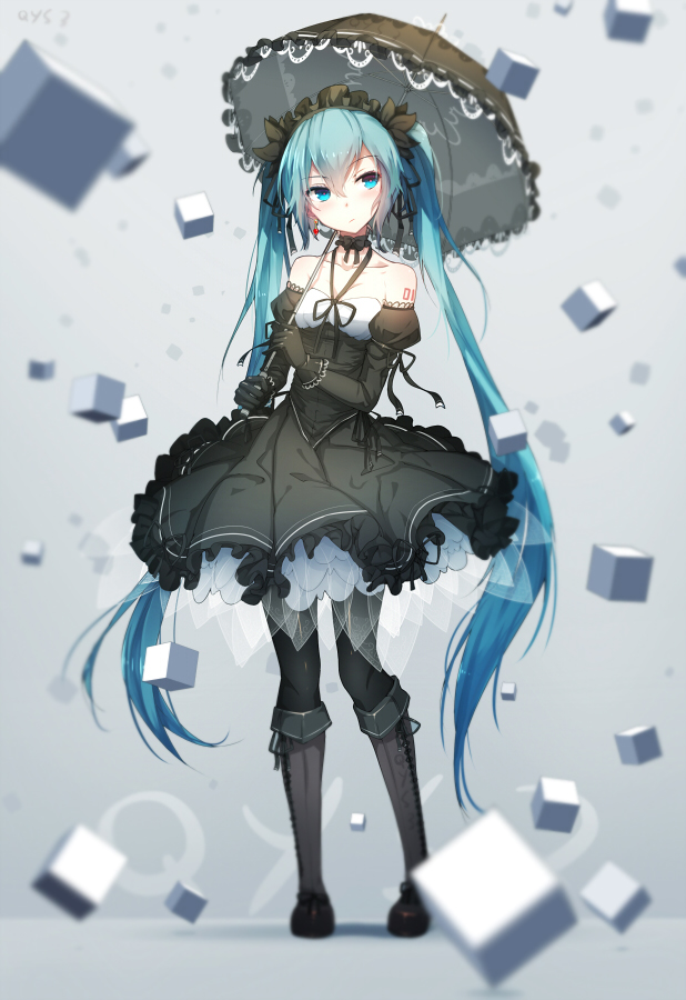 1girl bai_yemeng bare_shoulders black_boots black_bow black_bowtie black_dress black_gloves black_legwear black_umbrella blue_eyes blue_hair blush boots bow bowtie choker closed_mouth collarbone cube detached_sleeves dress earrings floating_object frilled_dress frills full_body gloves gothic_lolita grey_background hairband halter_top halterneck hatsune_miku heart heart_earrings jewelry juliet_sleeves knee_boots lolita_fashion lolita_hairband long_sleeves looking_to_the_side md5_mismatch number pantyhose puffy_sleeves ribbon_choker simple_background single_earring solo tattoo vocaloid