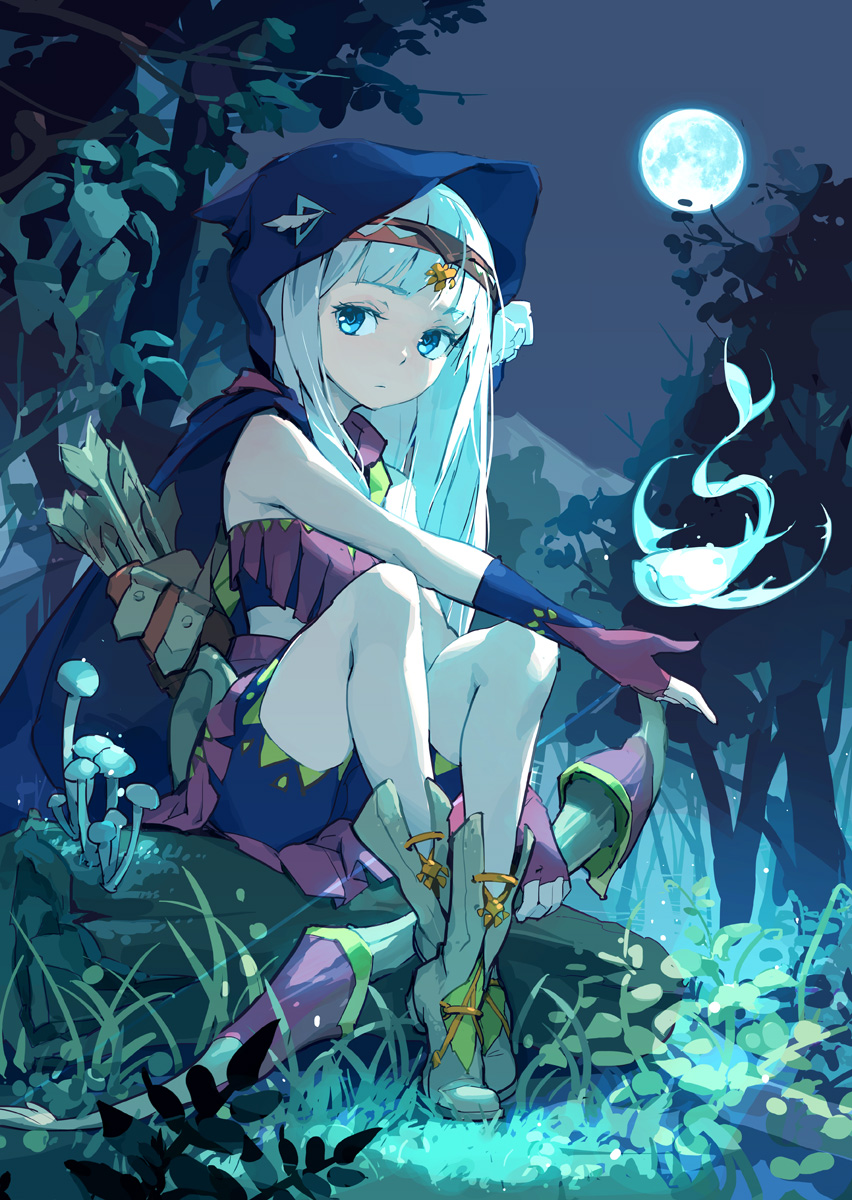 1girl arrow bangs bare_shoulders blue_eyes blunt_bangs boots bow_(weapon) circlet cloak fingerless_gloves flower full_moon gloves hair_flower hair_ornament highres holding holding_weapon hood hooded_cloak kuuki_shoujo long_hair moon night night_sky outdoors personification quiver shorts sitting sky solo strapless tennohi the_personfication_of_atmosphere tree tubetop weapon