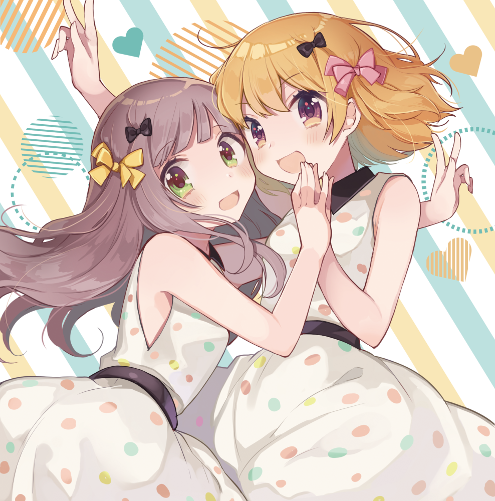 2girls :d blonde_hair bow brown_eyes brown_hair dress from_side green_eyes hair_bow hair_ribbon long_hair looking_at_viewer multicolored_polka_dots multiple_girls open_mouth original polka_dot polka_dot_dress ribbon shigure_ui smile v