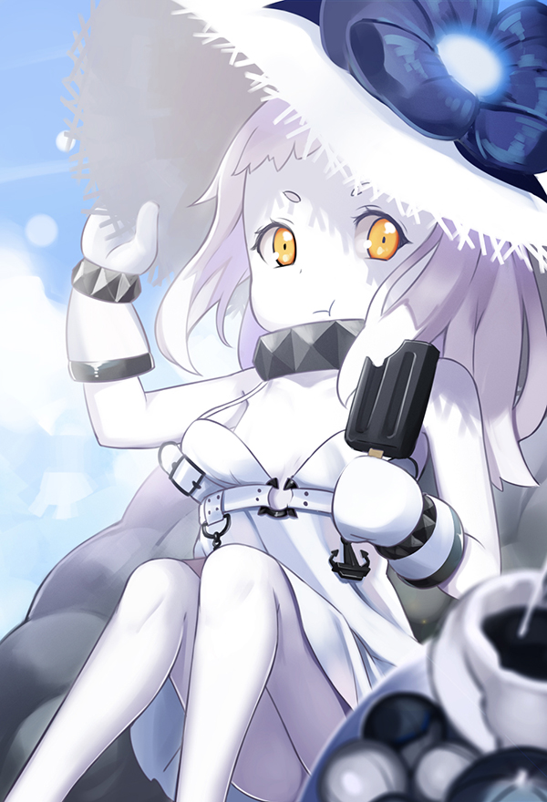 1girl :t alternate_costume arm_up bare_shoulders cosplay dress eating flower hand_on_headwear hat hat_flower kantai_collection long_hair looking_at_viewer majicjiang mittens northern_ocean_hime oversized_clothes pale_skin popsicle seaport_summer_hime seaport_summer_hime_(cosplay) shinkaisei-kan sitting strap_slip sun_hat sundress white_dress white_hair white_hat white_skin