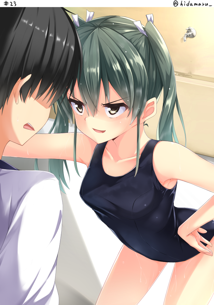 &gt;:d 1boy 1girl :d alternate_costume bent_over black_hair collarbone commentary contemporary faucet green_hair grey_eyes hair_ribbon hino_(2nd_life) kantai_collection long_hair open_mouth ribbon school_swimsuit smile swimsuit twintails twitter_username wet wet_clothes zuikaku_(kantai_collection)