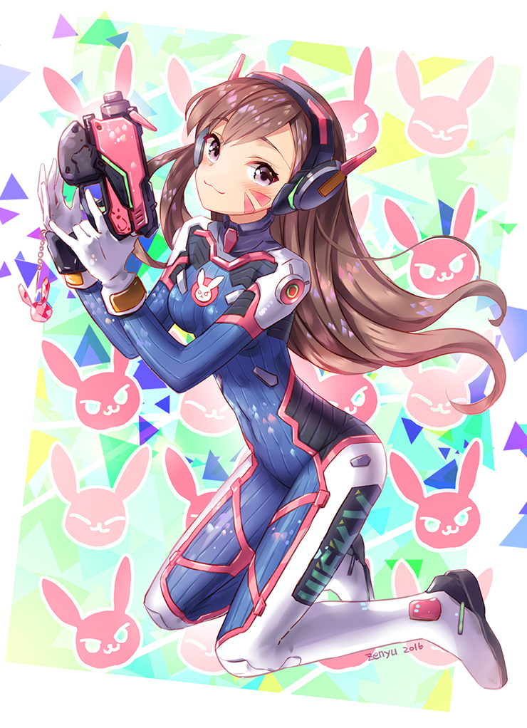 1girl 2016 :3 acronym alternate_eye_color artist_name bangs blush bodysuit boots bracer breasts brown_hair bunny_print charm_(object) closed_mouth covered_navel d.va_(overwatch) dated eyebrows eyebrows_visible_through_hair facepaint facial_mark full_body gloves gun handgun hands_up headphones holding holding_gun holding_weapon kneeling long_hair long_sleeves looking_at_viewer medium_breasts overwatch pauldrons pilot_suit ribbed_bodysuit shoulder_pads skin_tight smile solo thigh-highs thigh_boots thigh_strap turtleneck violet_eyes weapon whisker_markings white_boots white_gloves zenyu